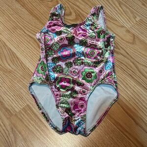 Girls Retro Flower Print One Piece Leotard Kids Size S Pink Green Blue